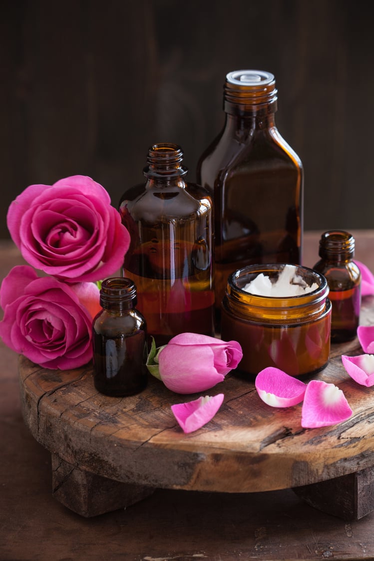 Essential oil and rose flowers aromatherapy spa perfumery